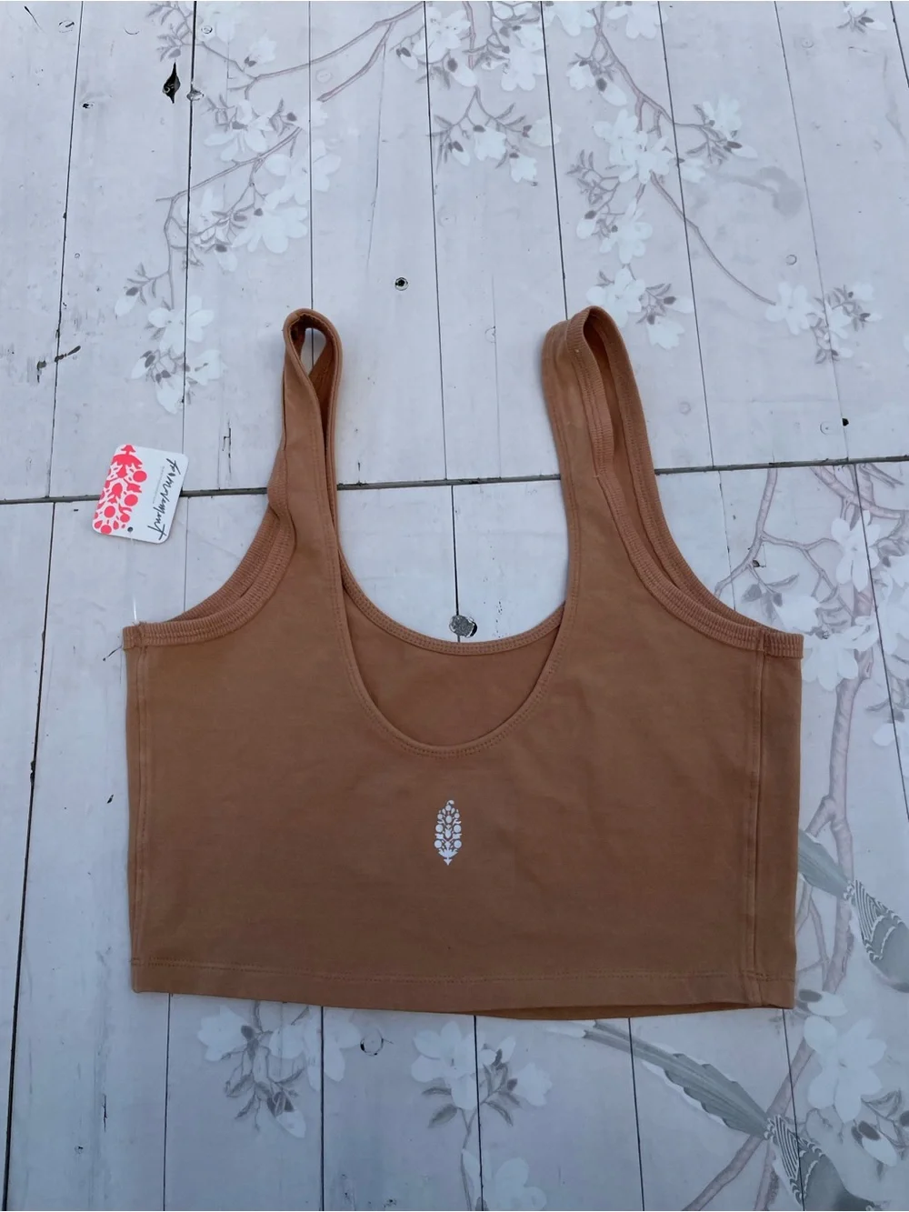 Free People Brown Ribbed Crop Tank with White Floral Detail